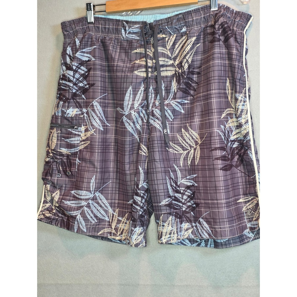 ZeroXposur Mens Board Shorts XL Slate Purple Tropical Leaf Grid Swim Trunks